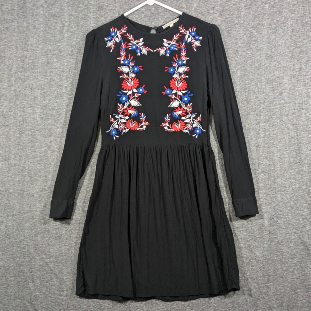 Little White Lies Black Floral Embroidered Long Sleeve Hippie Dress Size Small